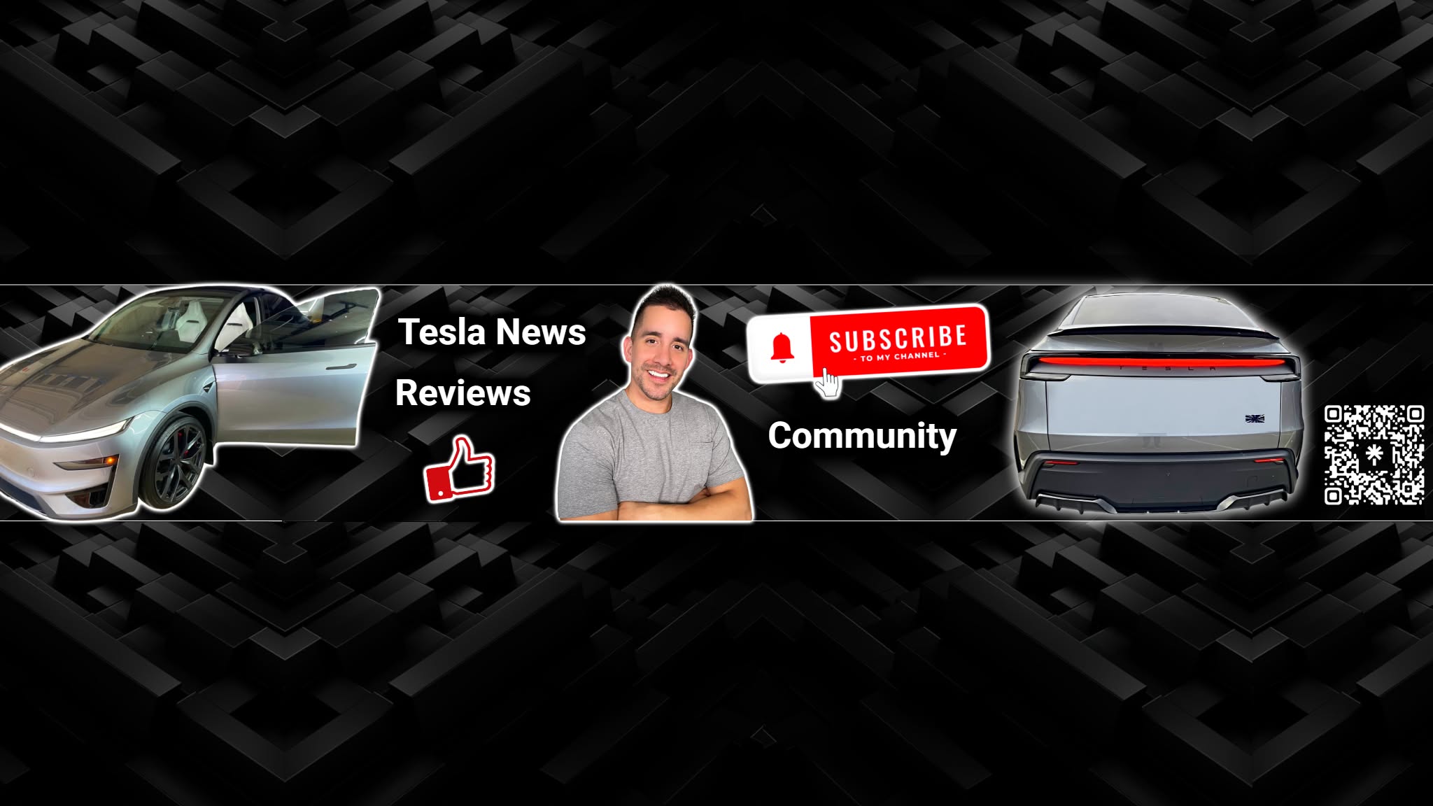 Blue Tesla car illustration on the right, with stylized text "Dirty Tesla" in the center. Zigzag yellow and black design on the left, all against a bright blue background.