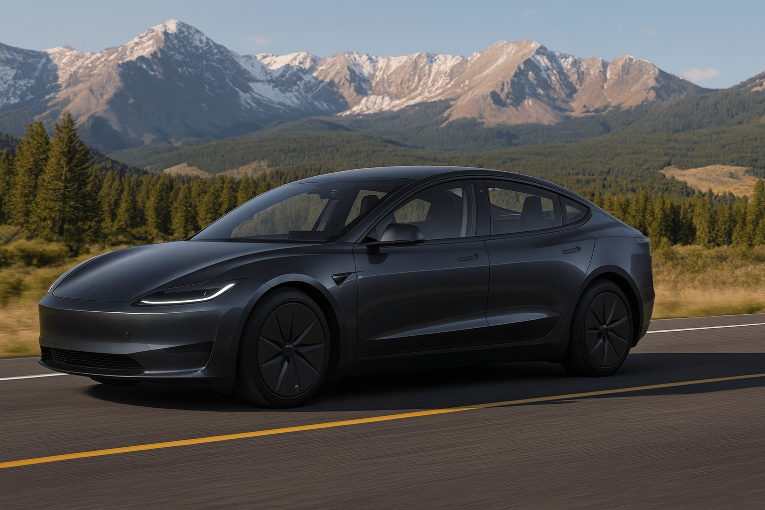A sleek, dark gray electric car driving on a highway with scenic mountains, pine trees, and a clear sky in the background.