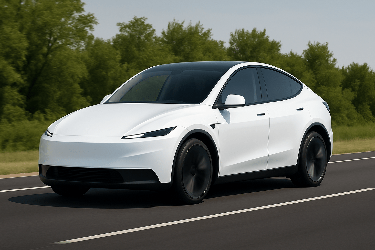A sleek white electric SUV drives on a paved road with blurred green trees in the background under a clear sky.