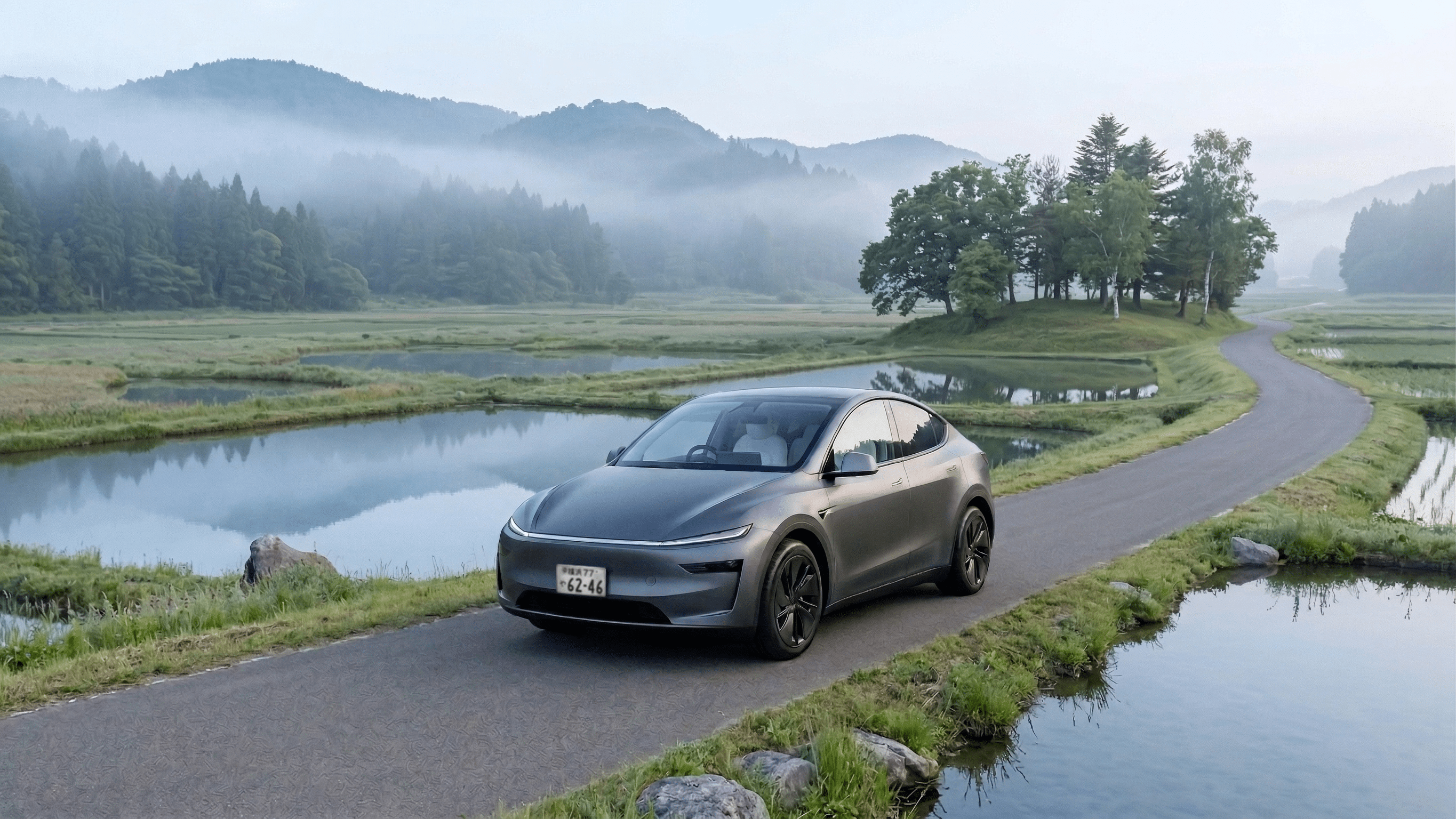 A sleek, dark gray electric car drives on a narrow road beside calm water, surrounded by green grass, trees, and misty hills in the background on a peaceful morning.