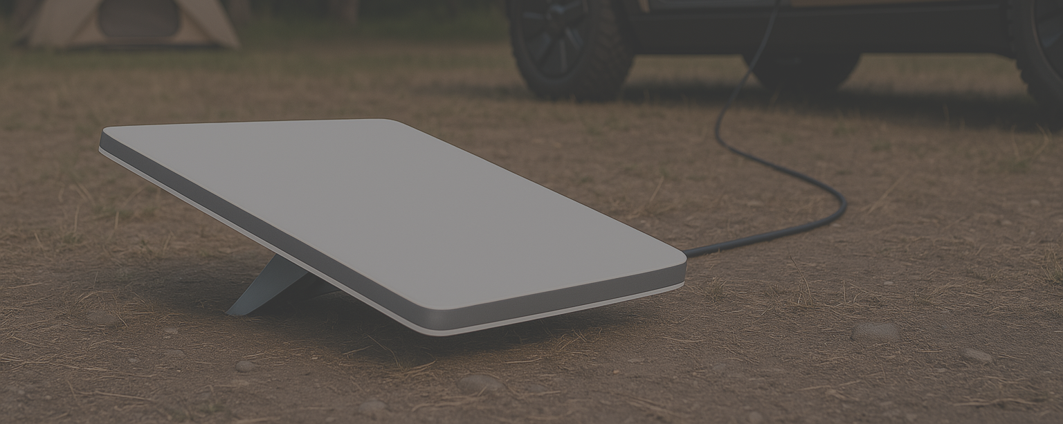 A rectangular satellite dish sits on the ground connected by a cable to a futuristic, angular electric truck parked outdoors near a tent, with trees in the background.