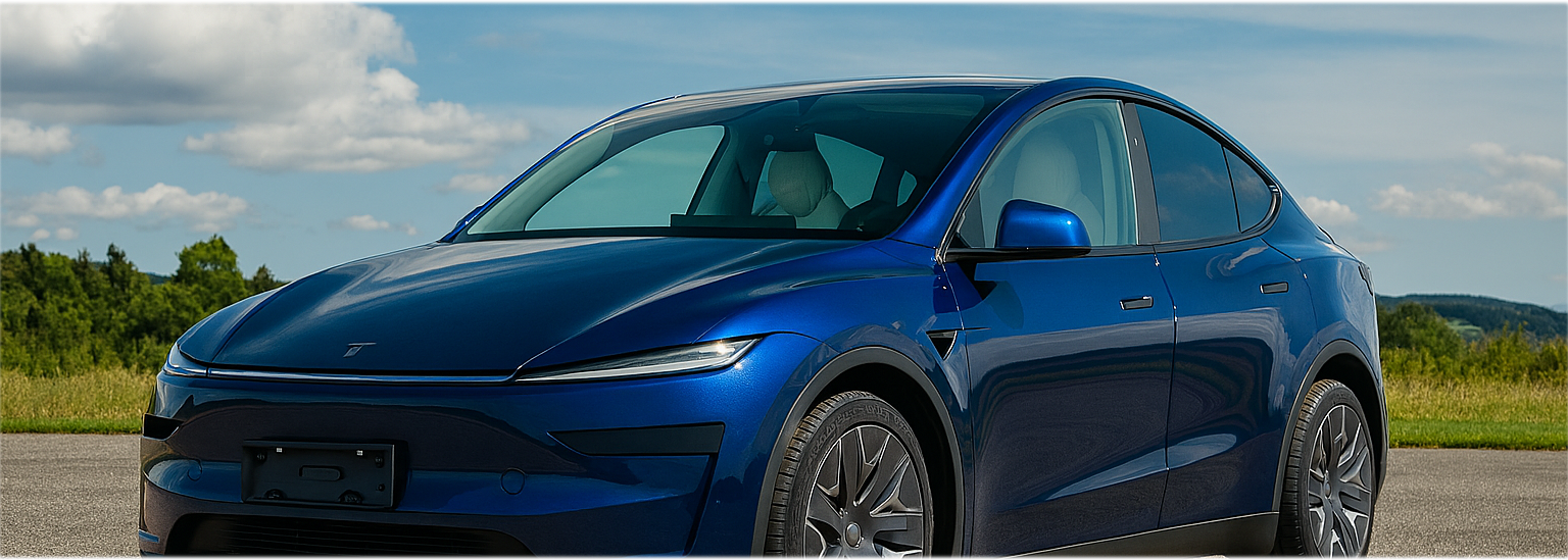 A sleek blue electric car is parked outdoors on a sunny day, with green grass and trees in the background and a partly cloudy sky overhead.
