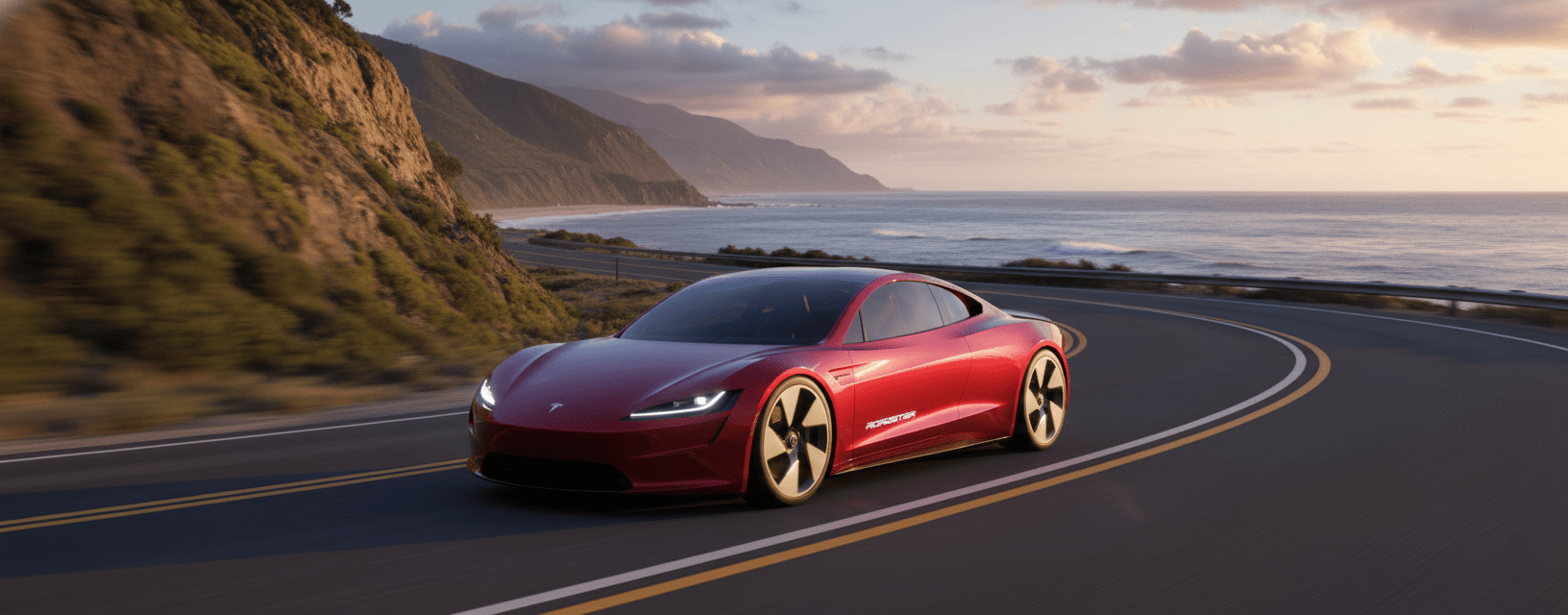 A red Tesla sports car drives along a winding coastal road at sunset, with cliffs and the ocean in the background under a partly cloudy sky.
