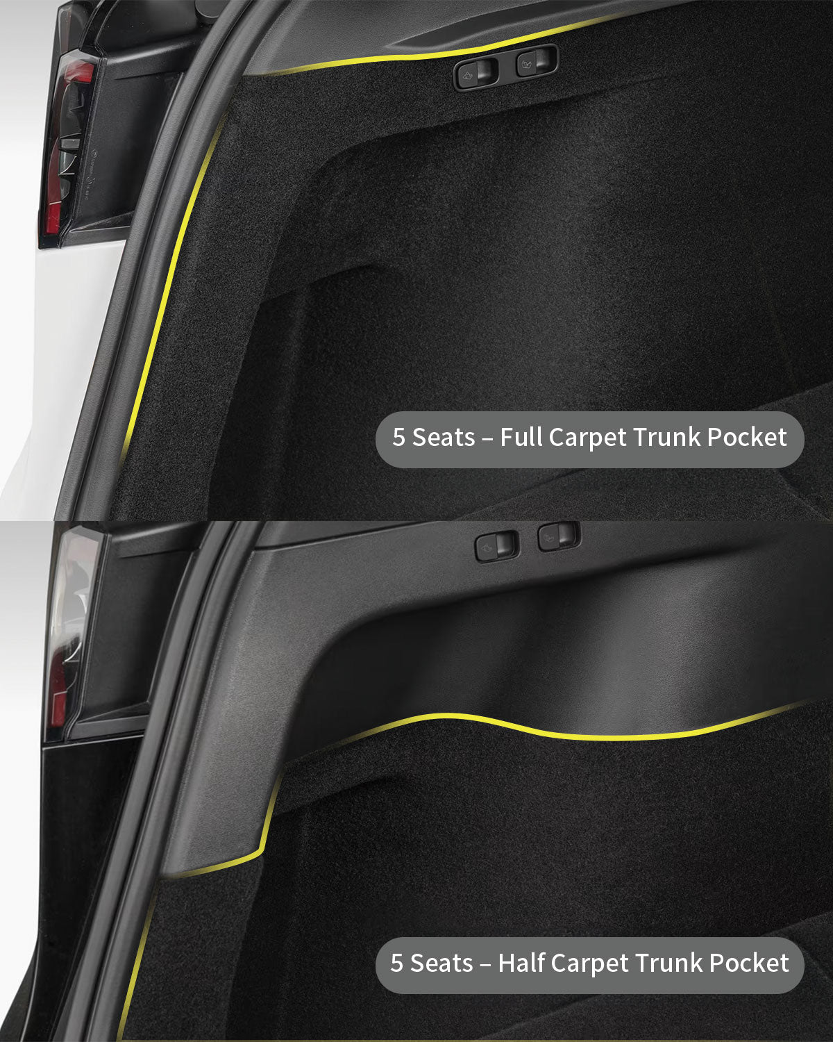 Split image of two JOWUA Model Y Trunk Combos (2018-2024): top shows a full carpet trunk pocket for 5 seats; bottom has a half pocket. Both feature yellow trim, black interiors—ideal for organizing and adding storage to your Tesla Model Y.