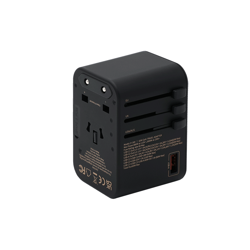 The JOWUA 65W GaN Travel Adapter in black offers fast charging with a USB port and labeled sliding switches, plus interchangeable EU, UK, and US/AUS plugs. Shown on a white background for international use.