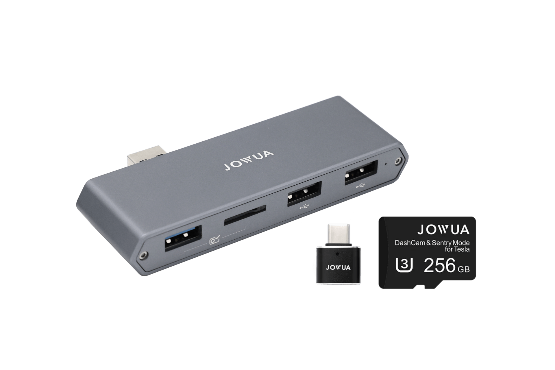 The JOWUA Dual-Function Storage HUB (MicroSD Reader & Tesla USB) and a 256GB JOWUA microSD card are shown on a white background—ideal as a glovebox USB hub accessory for Tesla Model S/X/3/Y/Cybertruck.
