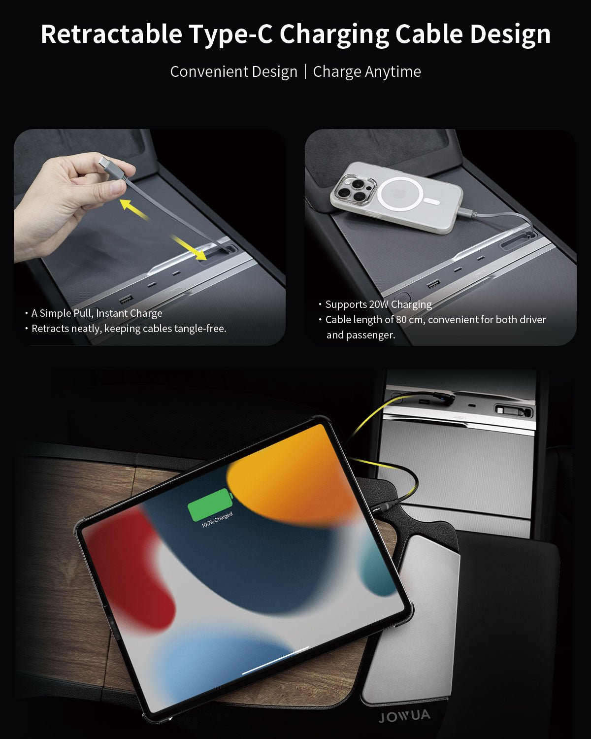 The JOWUA Premium Interior Essentials Set – Model Y Juniper (2025+) features an 80cm retractable Type-C cable in the console, shown charging a phone and tablet—highlighting its tidy design and convenience for both driver and passenger.