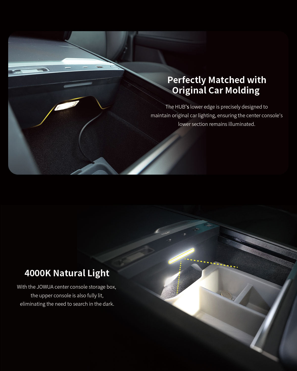 Two images show the JOWUA Premium Interior Essentials Set (RHD) for Model Y Juniper (2025+): one highlights built-in lighting matching the car’s design, while the other displays bright 4000K light illuminating organized compartments.