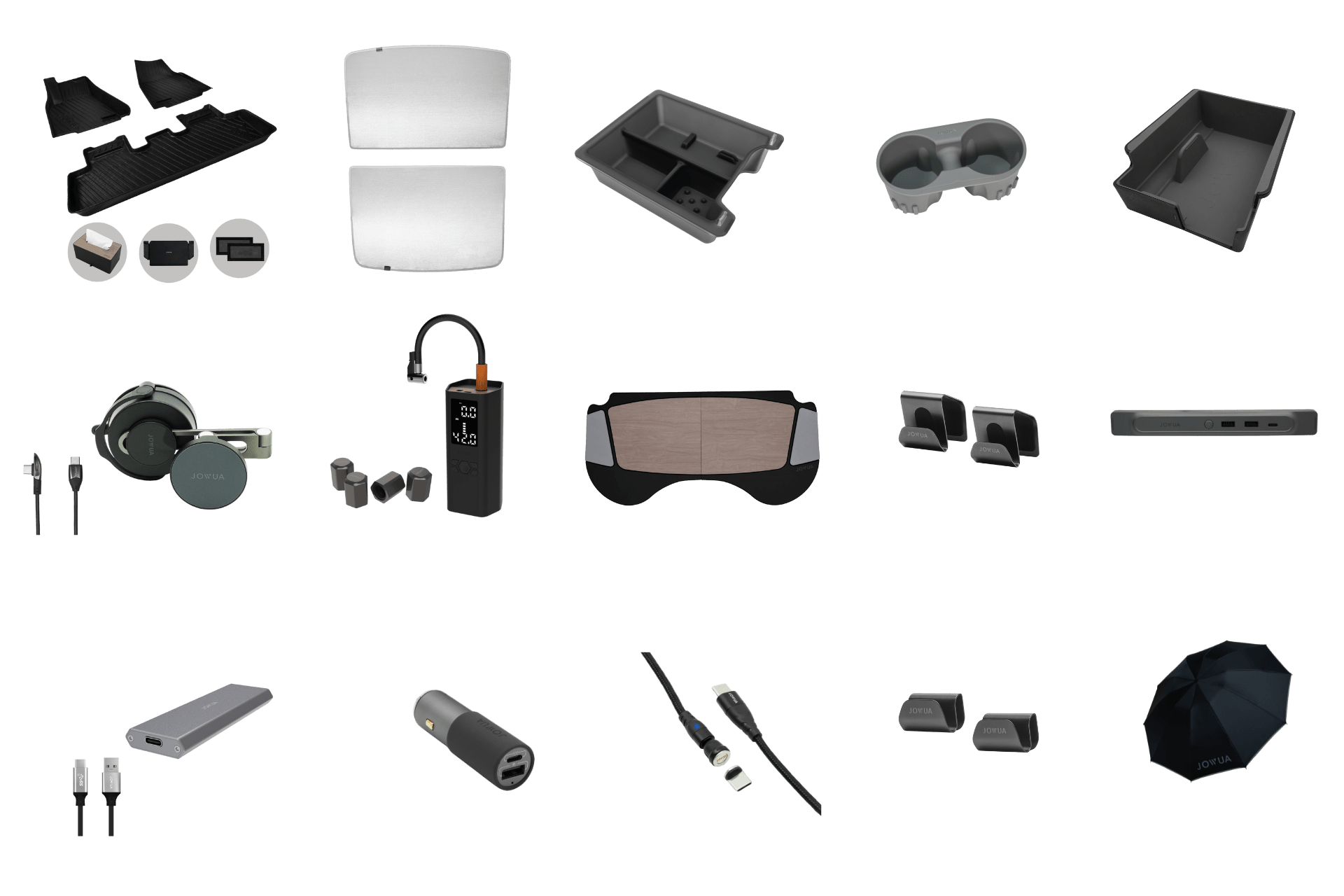 A selection of MRS Beauty West's Model Y Exclusive accessories by JOWUA is elegantly displayed on a minimalist backdrop, showcasing an All-Weather Floor Liner, sunshades, a MagSafe Car Mount, car charger, earphones, sunglasses, and an umbrella. Additionally, several small gadgets and organizers can be seen.