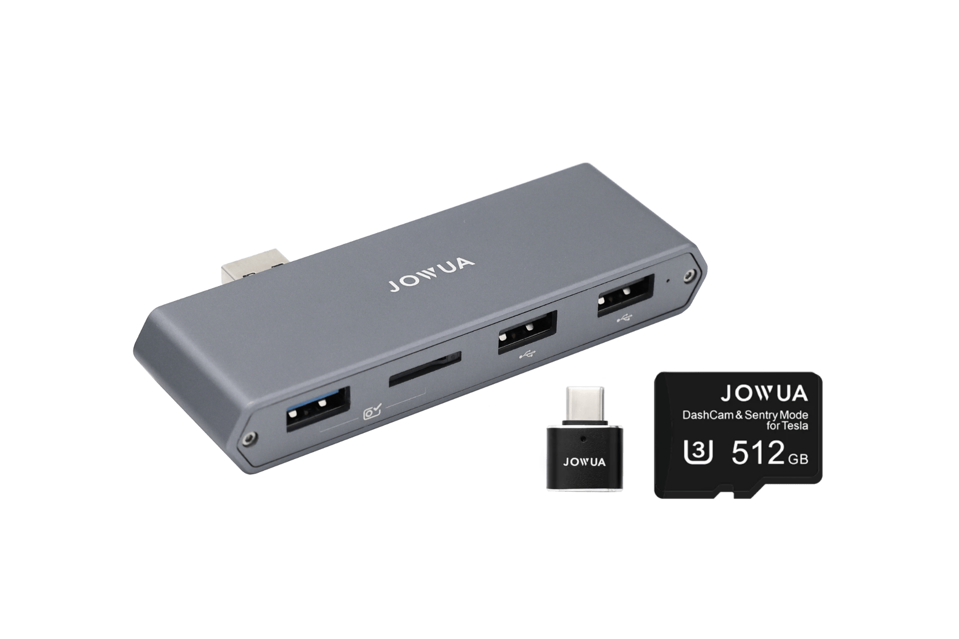 A JOWUA Dual-Function Storage HUB (MicroSD Reader & Tesla USB), gray, features multiple ports, an SD card slot, USB adapter, and a 512GB microSD card for DashCam & Sentry Mode—all shown on a white background.