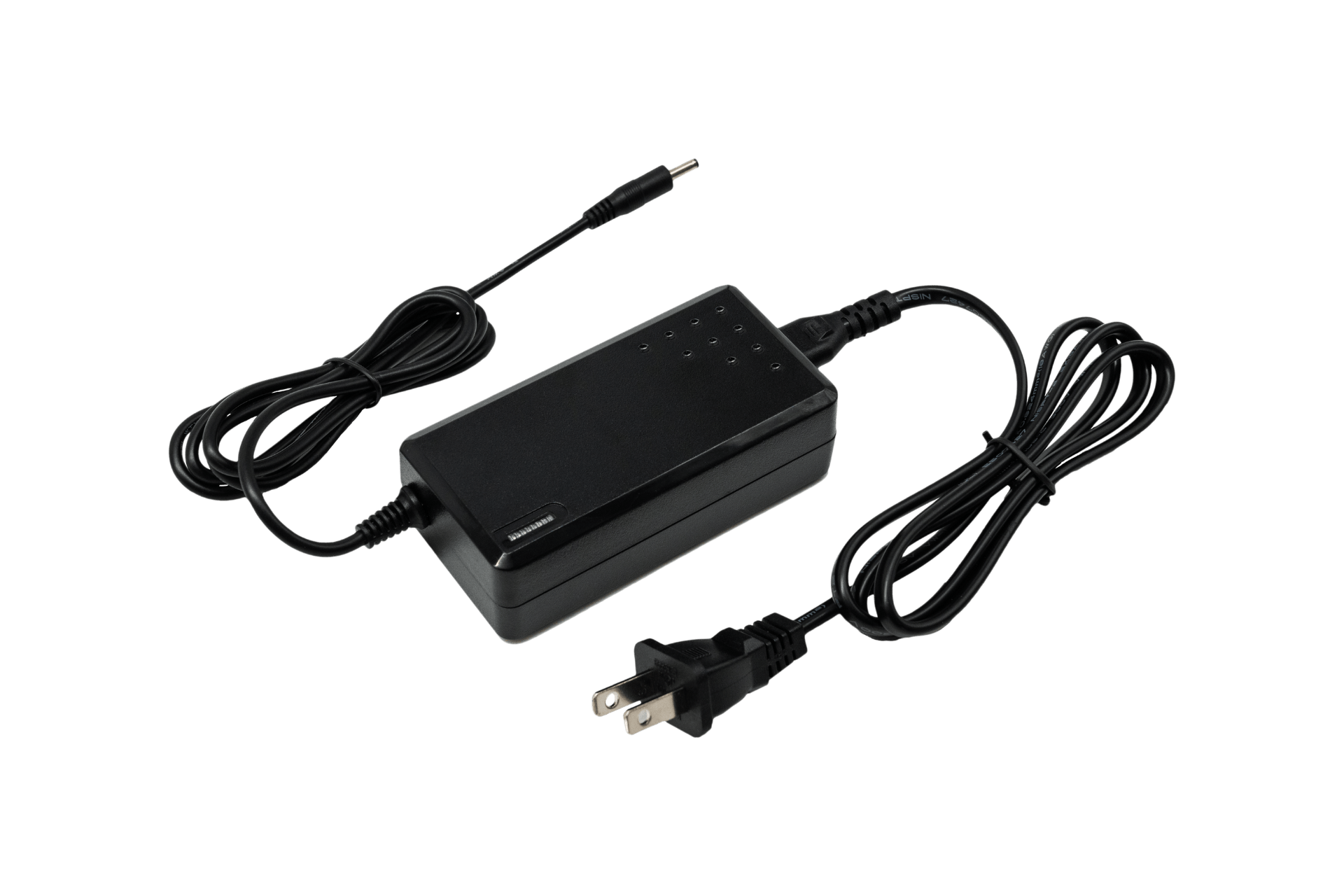 The JOWUA 84W Charger for Folding Electric Scooter features a rectangular power adapter, two-prong plug, long device cable, and standard outlet cord. For more info, check the FAQ section.