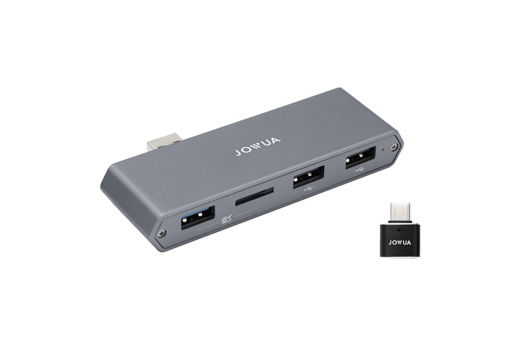 A gray JOWUA Dual-Function Storage HUB (MicroSD Reader & Tesla USB) appears next to a small black USB-C adapter—ideal as a glovebox hub for Model S/X/3/Y/Cybertruck accessories. The background is plain white.