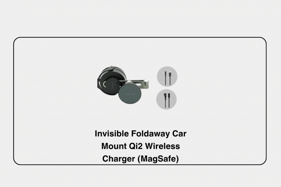 The JOWUA Tesla Charging Essentials Set – Apple Accessory Kit for Model 3 Highland (2024+)/Y Juniper (2025+) includes a foldable MagSafe-compatible car mount and wireless charger, shown with two cable options. Text: "Invisible Foldaway Car Mount Qi2 Wireless Charger (MagSafe).