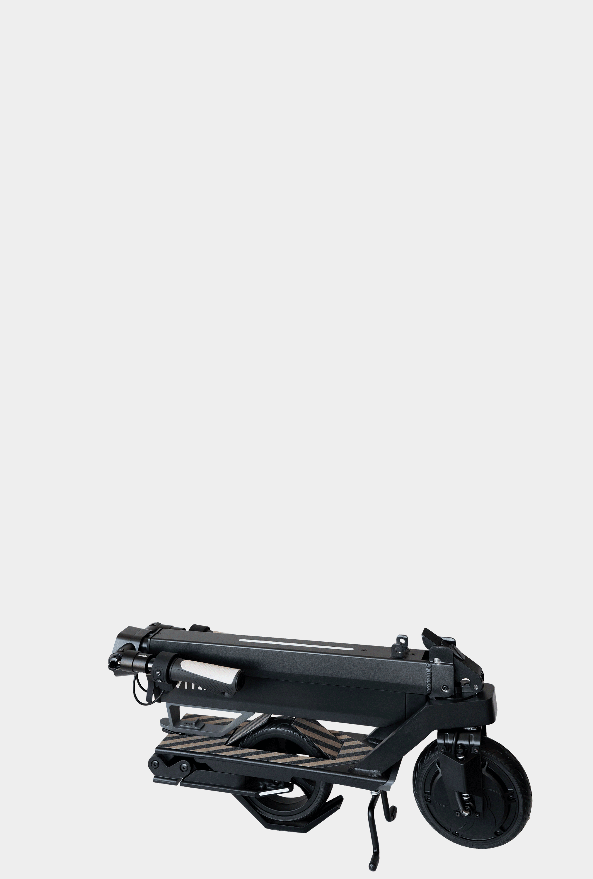 The JOWUA Folding Electric Scooter|Performance, folded compactly with wheels visible, offers luxury ride comfort and style, showcased against a plain light gray background.