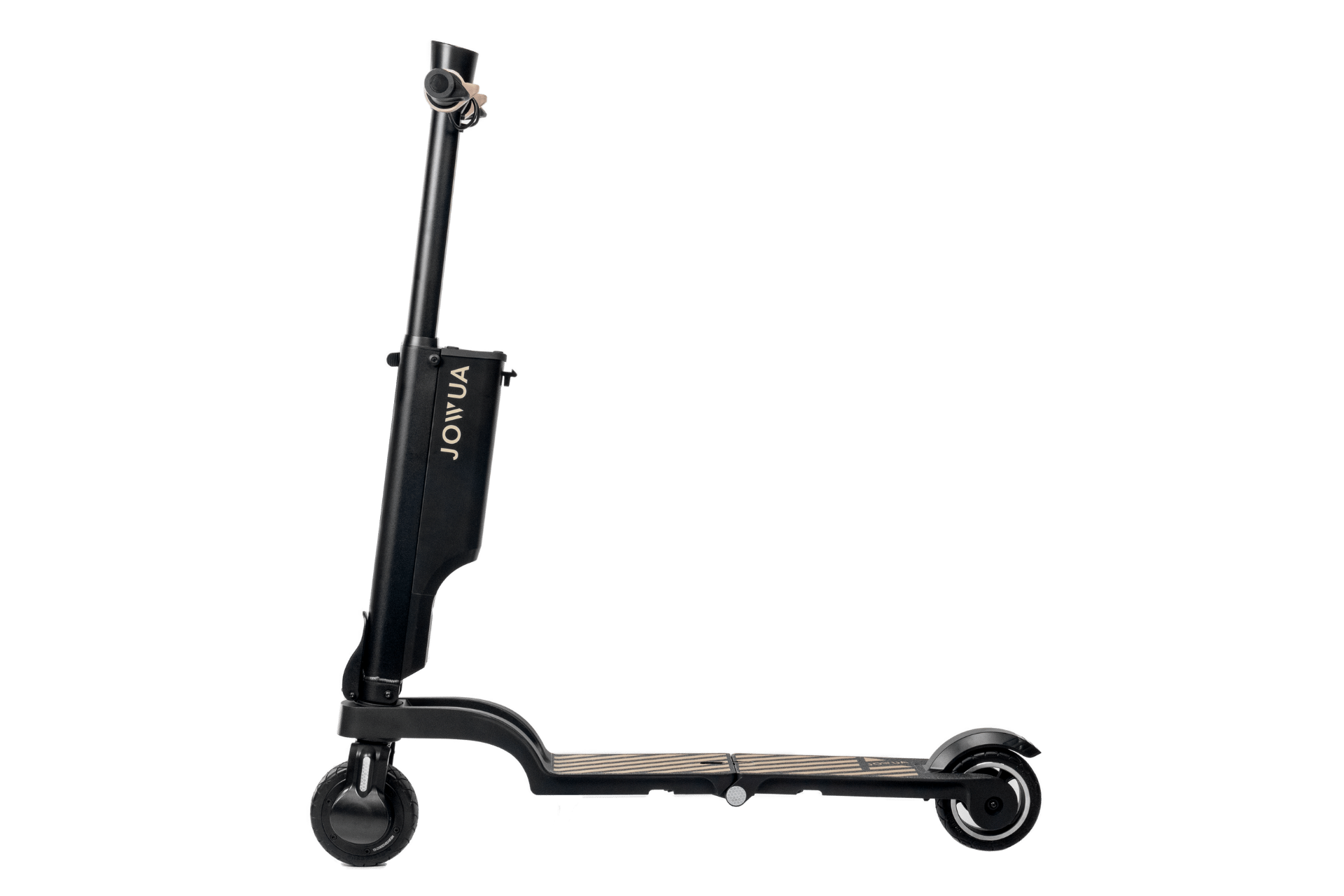 A sleekly designed black folding electric scooter by JOWUA stands upright, featuring a compact frame with small wheels and a standing platform. It includes a detachable battery for added convenience, and the brand name is prominently displayed on the vertical post.