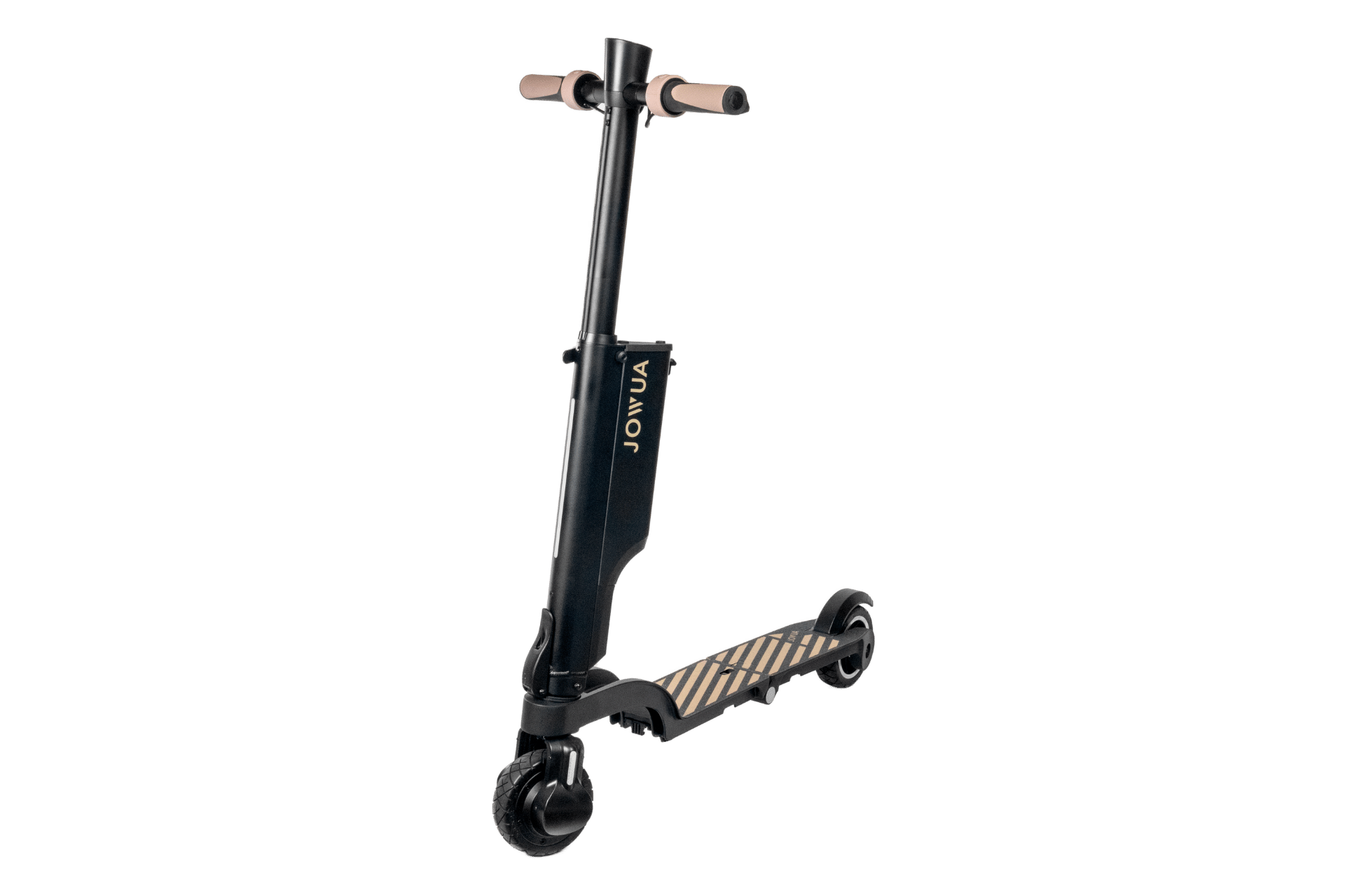Introducing the Folding Electric Scooter (Long Range) for Tesla (S3XY) by JOWUA: a sleek black scooter featuring a vertical handlebar, textured foot deck, and beige grip handles. The visible JOWUA brand name adorns the stem, and its foldable design includes a detachable battery for added convenience on the go.