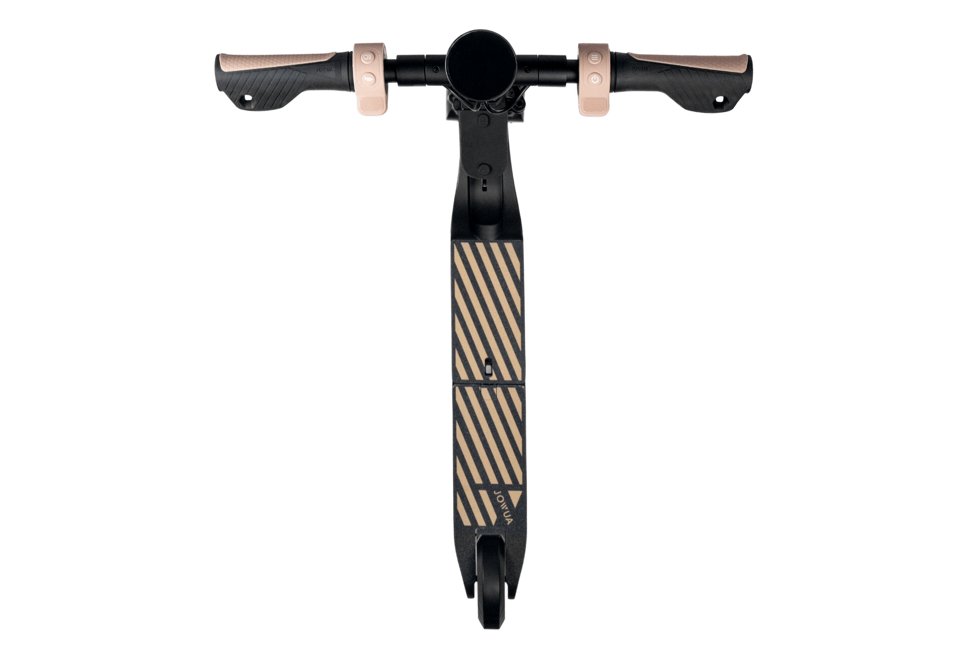 Top view of the JOWUA Folding Electric Scooter (Long Range) for Tesla (S3XY), showcasing its black and beige striped deck, black handlebars, and detachable battery. The scooter is isolated on a white background.