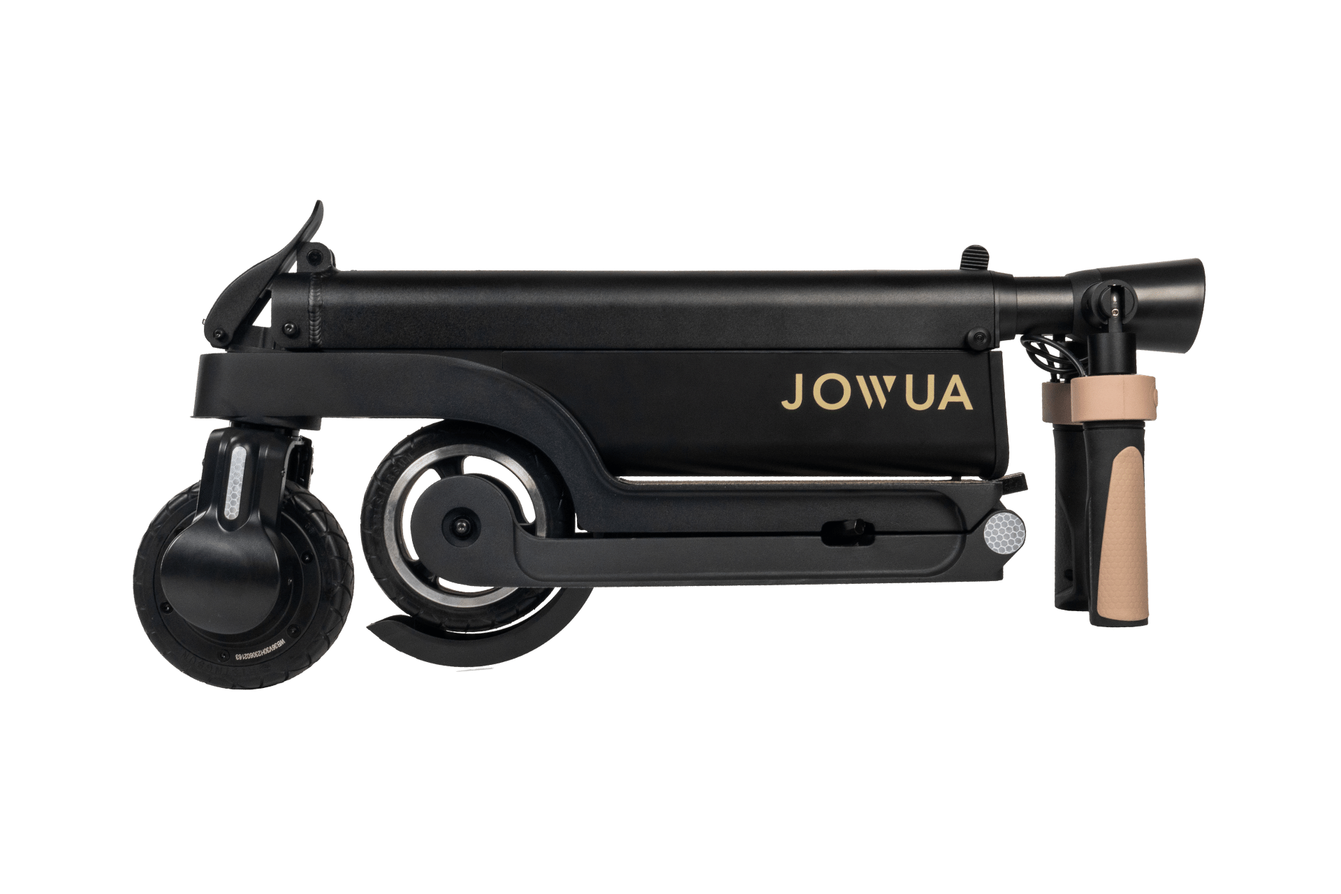 Introducing the Folding Electric Scooter (Long Range) for Tesla (S3XY) by JOWUA. This sleek black scooter is compact and foldable, featuring a detachable battery for convenience and portability. It comes equipped with a side stand, rear wheel, and boasts brown grips on the handlebar. The brand name "JOWUA" is elegantly printed in gold on its body.