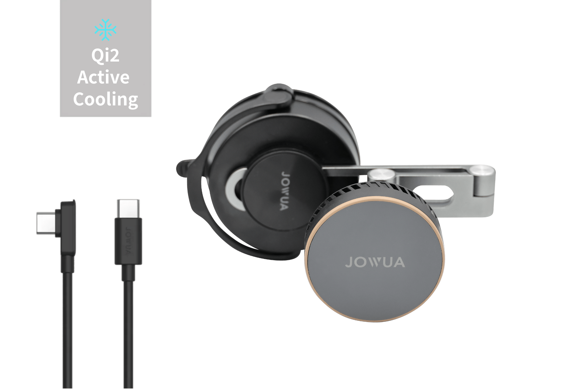 The JOWUA Active Cooling Tesla Compatible Phone Mount (S/3/X/Y/Cybertruck) features Qi2 wireless charging, MagSafe compatibility, a circular charging pad, mounting bracket, active cooling, and a right-angle USB-C cable—all shown on a white background.