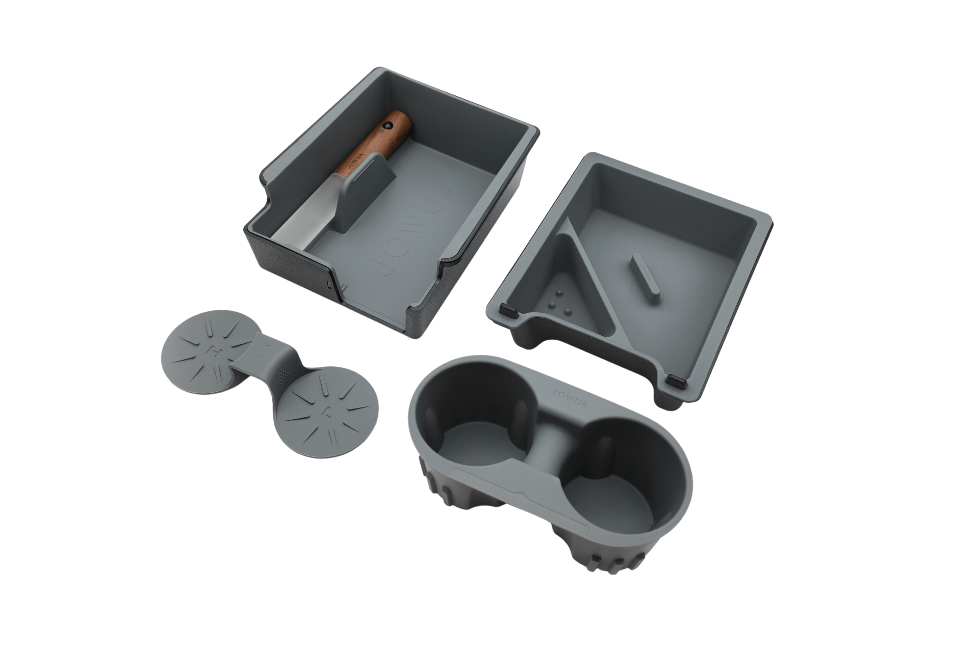 A collection of gray plastic storage containers with a divided interior, similar to the impeccably organized JOWUA LED Center Console Combo for Tesla Model 3/Y. Equipped with a handle and dual cup holder, these containers offer compartments for neatly arranging kitchen tools and accessories, and one even includes a spatula.
