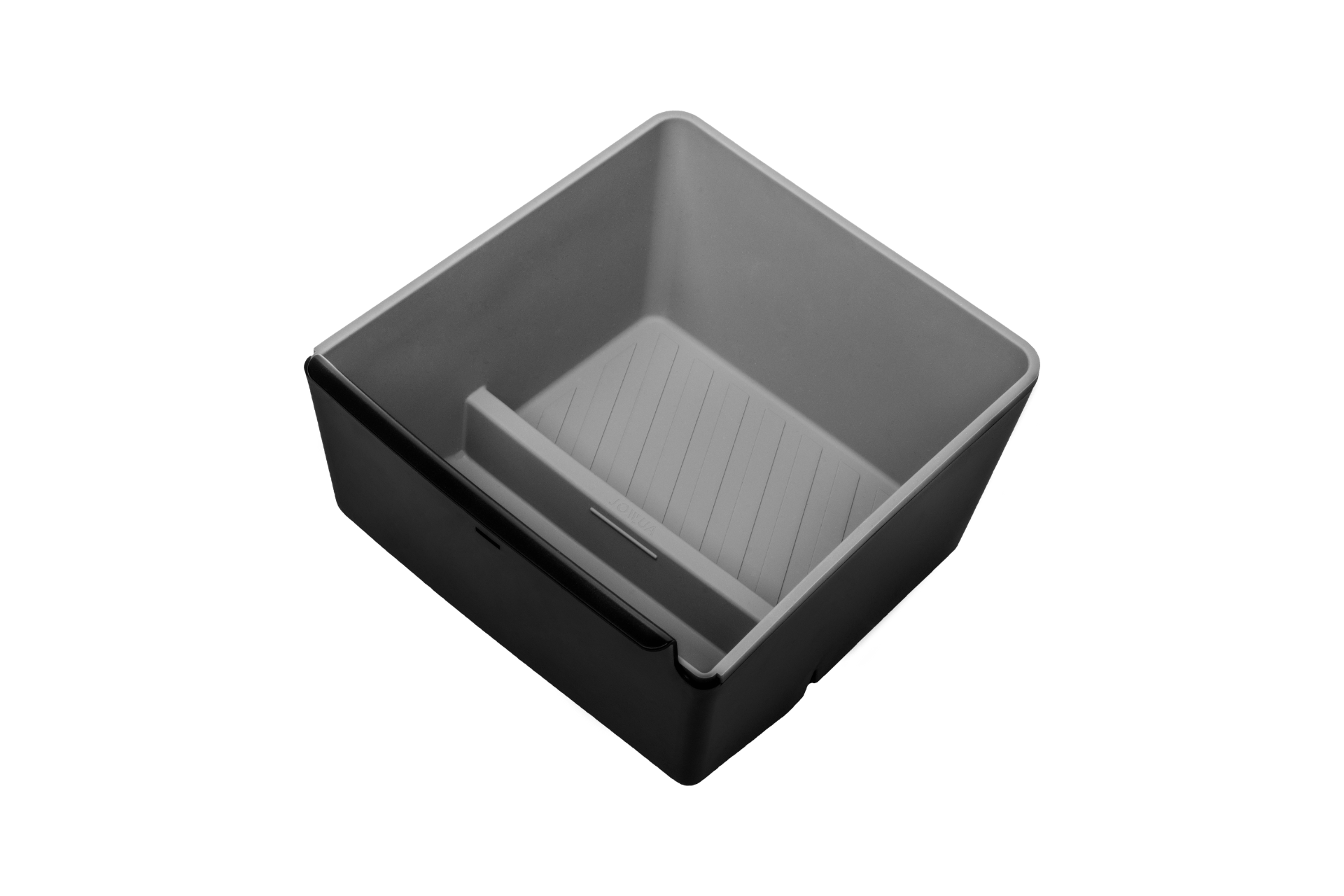 Experience the premium design of JOWUA's Armrest Organizer for Tesla Model S/X—a product highlighted against a sleek black background. Its rectangular shape mirrors the high edges and groove design, reminiscent of a paint tray with a textured ramp, akin to that rear compartment innovation seen in Tesla models.
