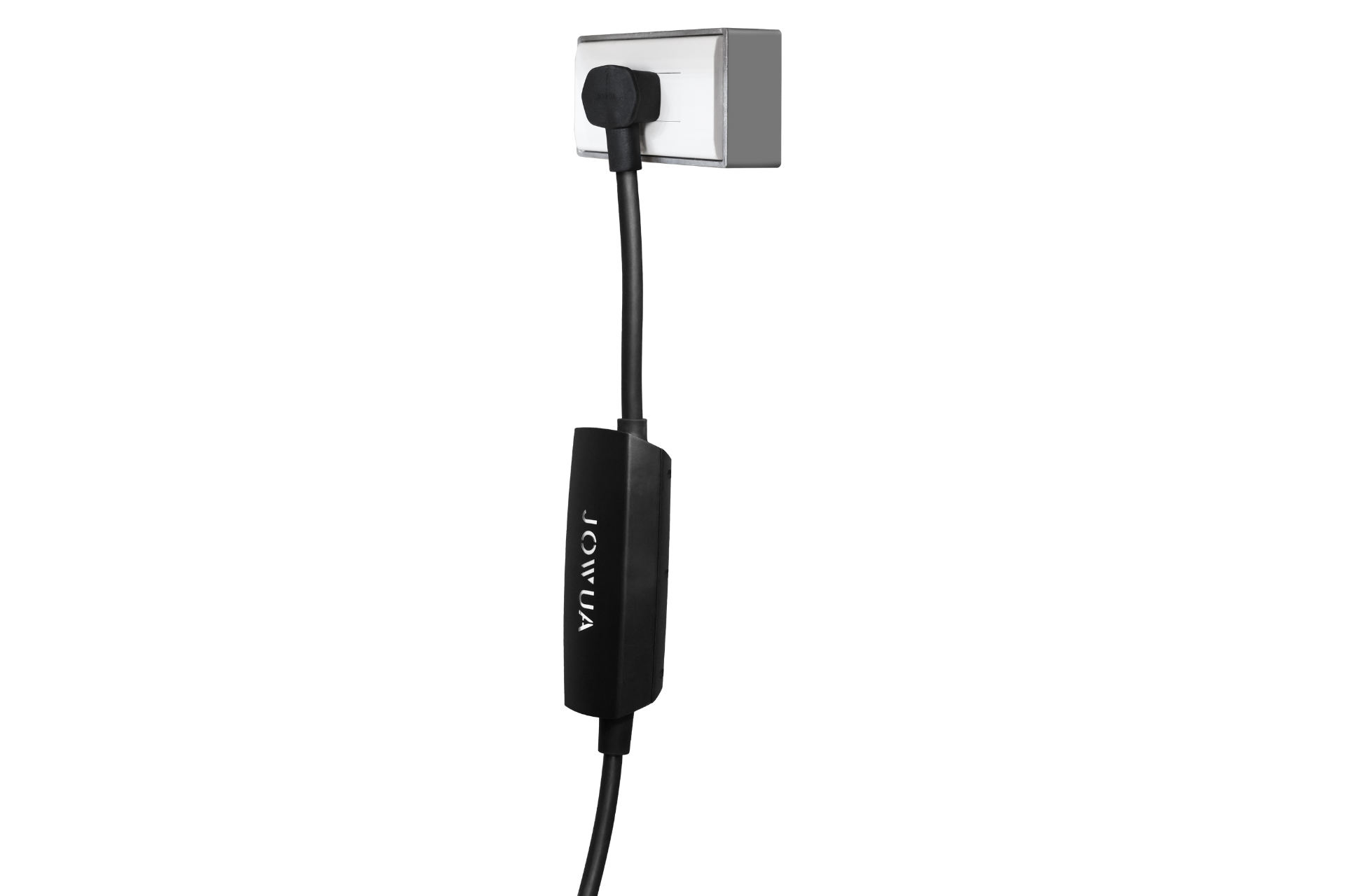 A black electric vehicle charging cable with "JOWUA" on the handle is plugged into a white wall socket, using the NEMA 6-20 Mobile Connector Adapter for seamless Tesla-compatible charging.