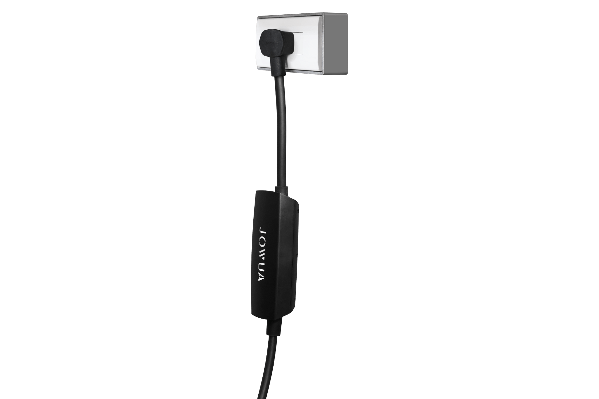A black electric vehicle charging cable with "JOWUA" on the handle is plugged into a white wall socket, using the NEMA 6-20 Mobile Connector Adapter for seamless Tesla-compatible charging.
