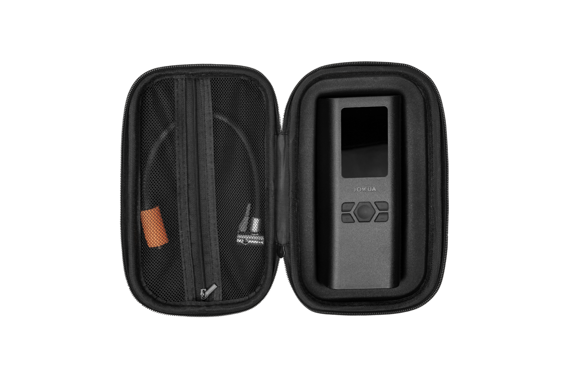 The JOWUA Portable Air Compressor + Charging Solution Kit is displayed in a black zippered case, with the rectangular compressor featuring a screen and buttons on the right, and a mesh pocket holding cables on the left—perfect for Tesla tires.