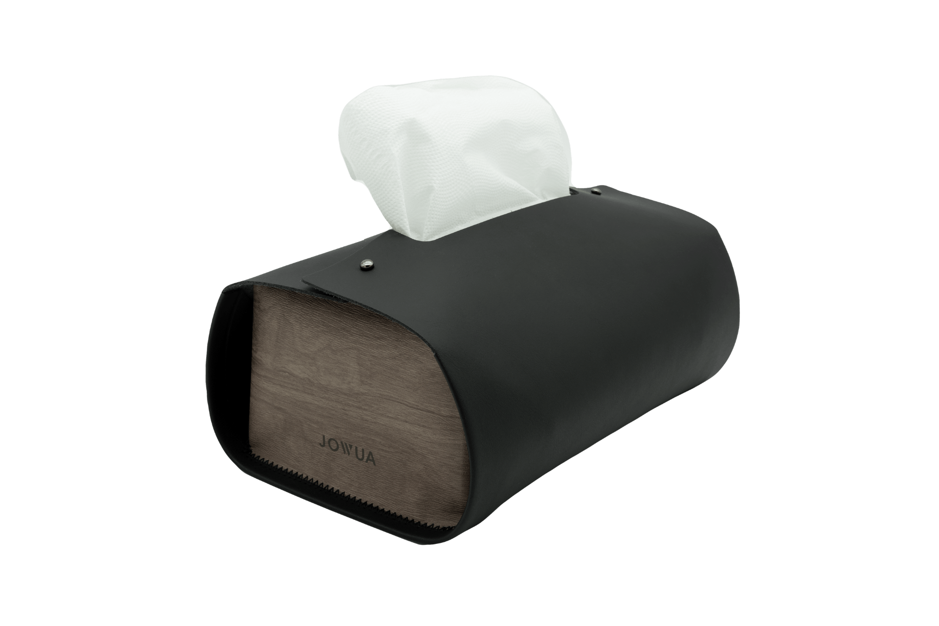 The JOWUA MagSafe Tissue Box Cover, featuring a rectangular shape and a black microfiber leather finish, is ideal for Model 3/Y interiors. Its sleek design is enhanced by a wooden base with the brand name "JOWUA" engraved on the side, and it elegantly holds a white tissue that protrudes from its top opening.