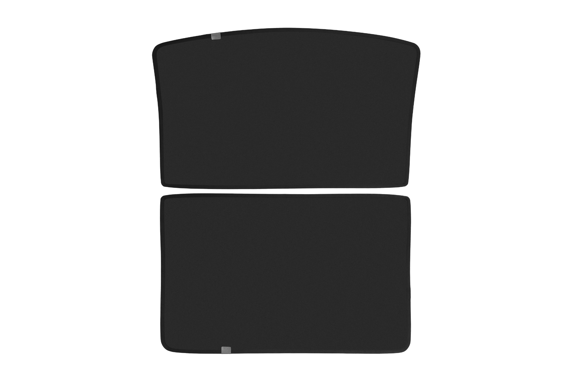 Two black, slightly curved, rectangular sunshades, one positioned above the other, with small gray tabs on top. The JOWUA Model S Glass Roof Sunshade is crafted with mesh fabric for enhanced breathability and UV protection, providing cushioning and protective features.