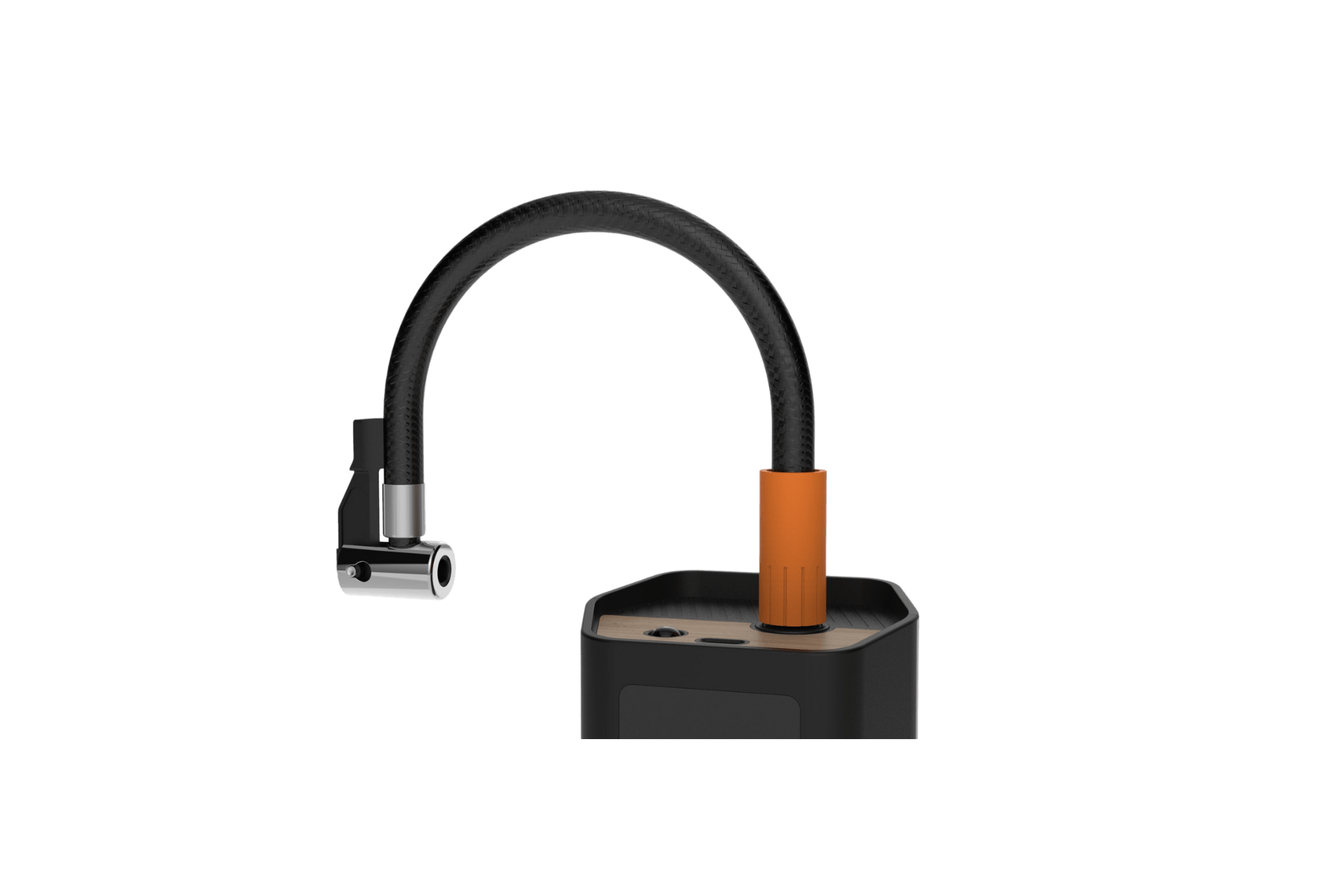 The JOWUA Portable Air Compressor for Tesla & Tire Valve Caps Combo boasts a sleek design reminiscent of electric vehicles. It features a cylindrical metallic body with a bendable neck, ideal for podiums or recording setups, and is accented with a black and orange base. The intuitive control is made easy with two prominent buttons on the base.