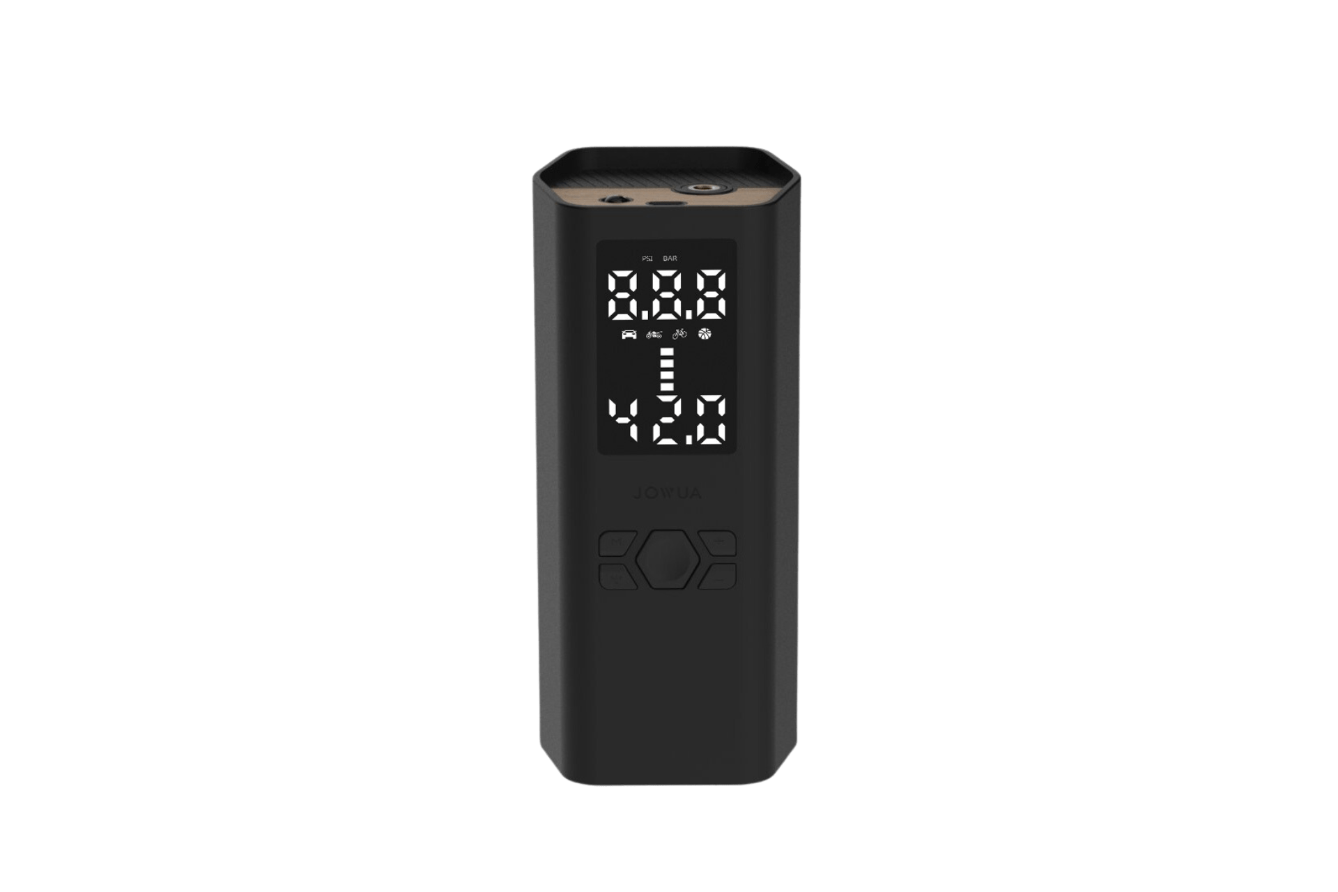 Discover the JOWUA Portable Air Compressor for Tesla & Tire Valve Caps Combo, featuring a sleek black design with a digital display that shows numbers 00.0 and 0.0. It's perfect for portable air compression use, equipped with buttons for control and settings, all wrapped in a minimalistic design.