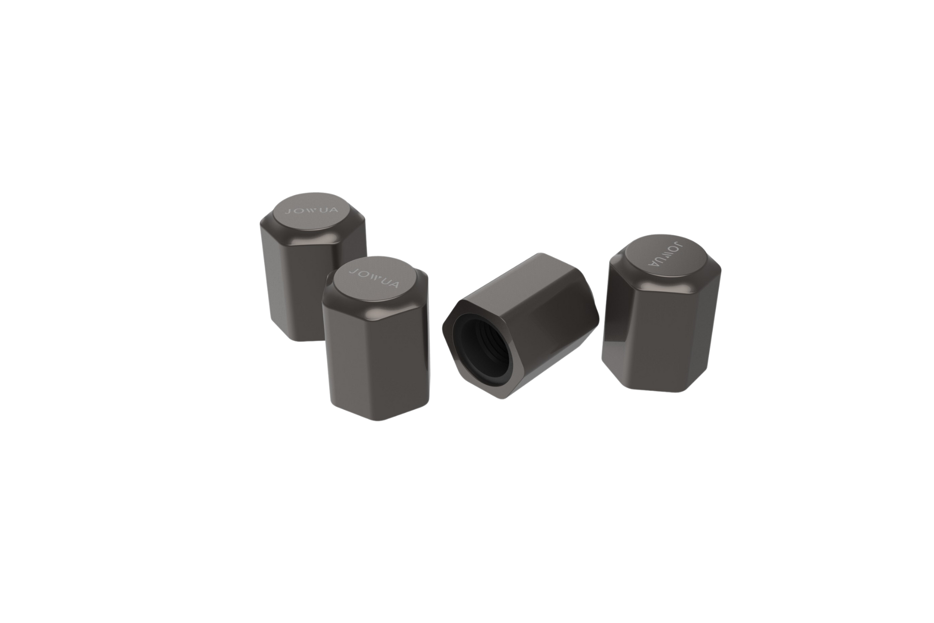 Image of four dark-colored hexagonal valve caps crafted from zinc alloy and arranged in a cluster. One cap is positioned to show its hollow opening, while the others stand upright. The surface is smooth and reflective, promising airtight leak protection. Product: Tire Valve Caps (Sets of 4) by JOWUA.