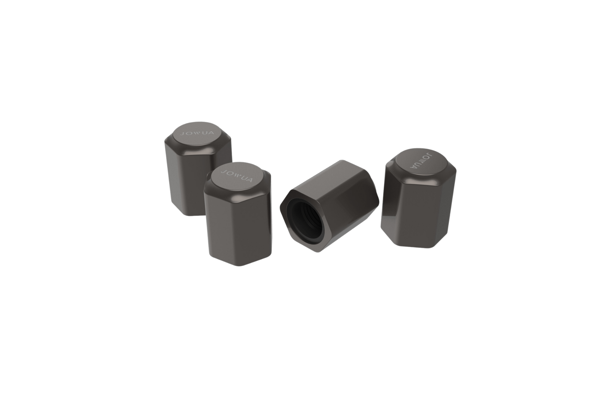 Image of four dark-colored hexagonal valve caps crafted from zinc alloy and arranged in a cluster. One cap is positioned to show its hollow opening, while the others stand upright. The surface is smooth and reflective, promising airtight leak protection. Product: Tire Valve Caps (Sets of 4) by JOWUA.