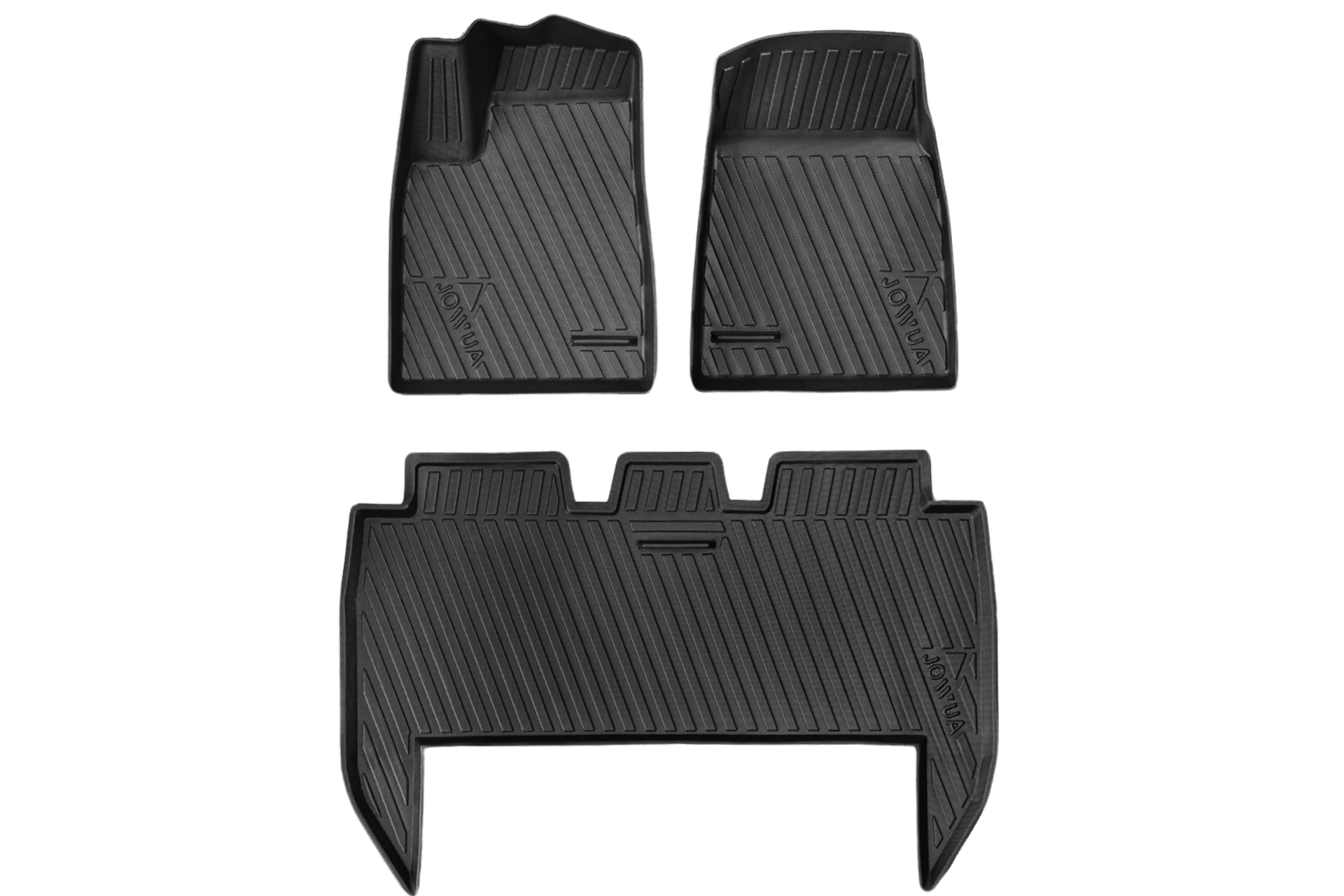 These Model X All-Weather Floor Liners by JOWUA, specifically designed for the Tesla Model X, consist of two front pieces and a larger rear piece. Each liner features a ribbed texture and sleek "3D MAXpider" branding for durable protection against all weather conditions.