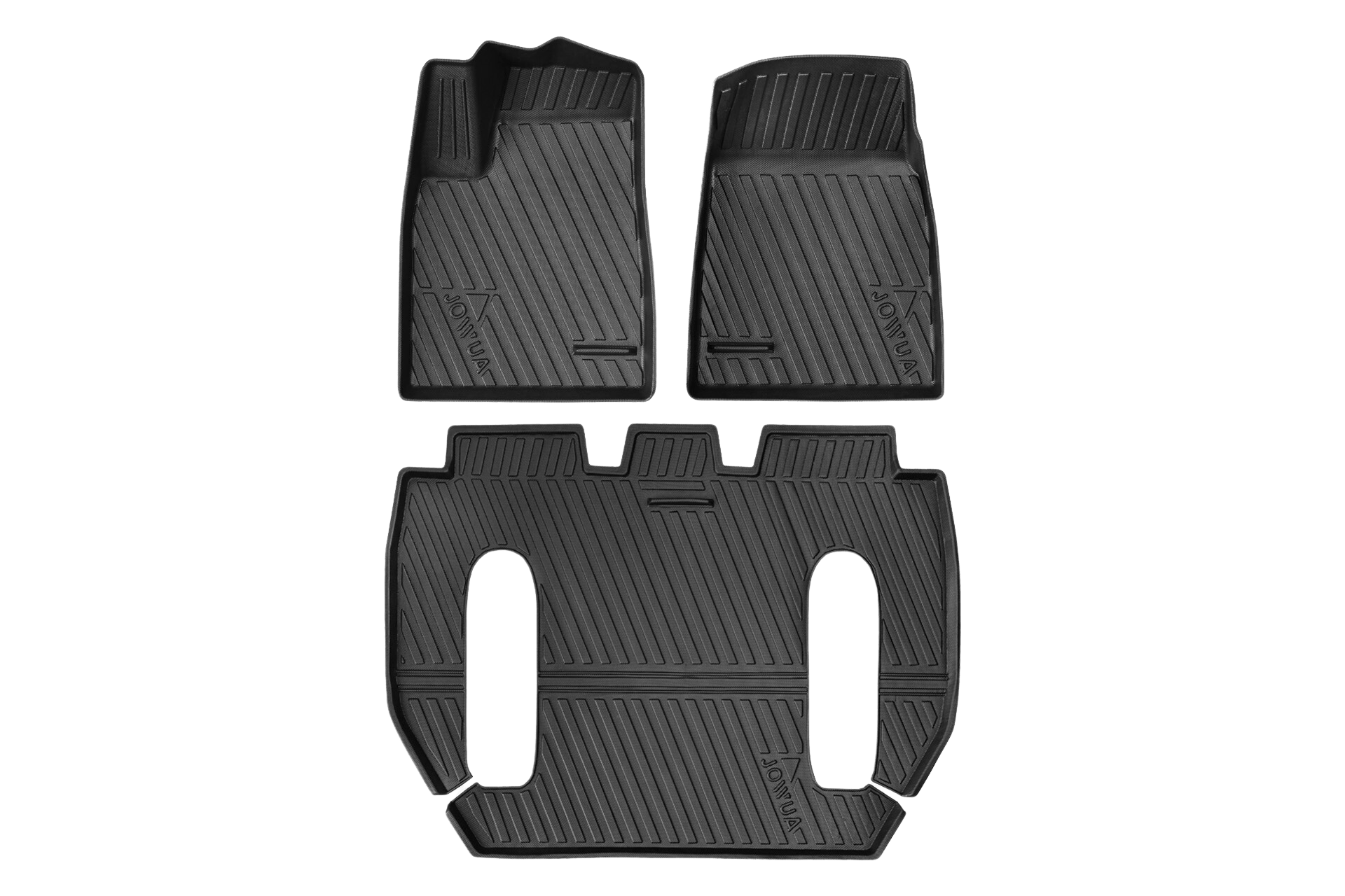 The JOWUA Model X All-Weather Floor Liners set includes three black liners with grooved patterns for enhanced grip and spill containment, designed to fit both the front and rear vehicle footwells. These floor liners feature an embossed brand logo, offering a blend of style and functionality.
