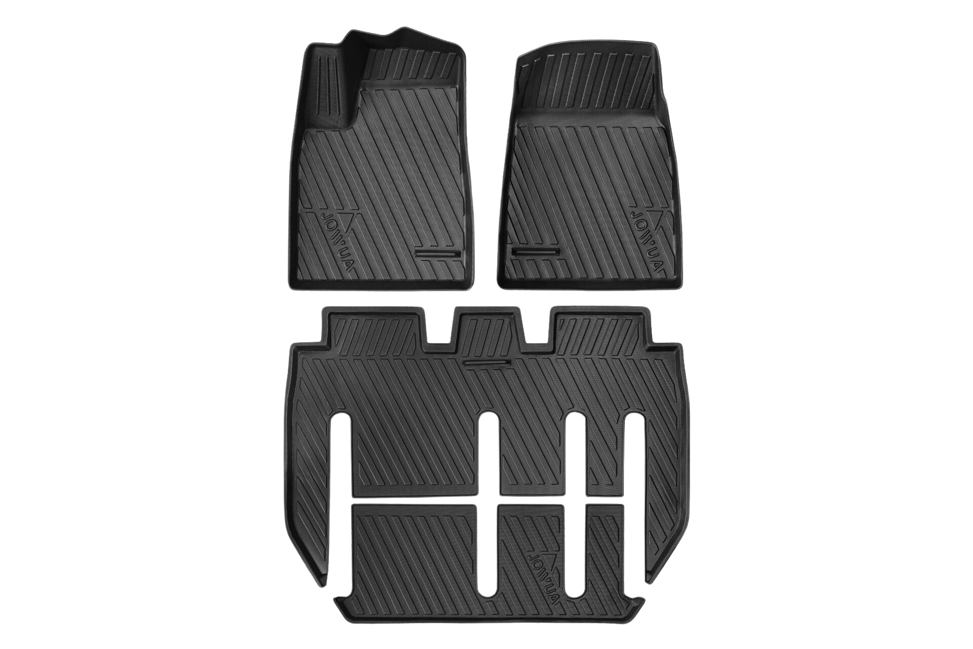 A set of JOWUA Model X All-Weather Floor Liners in black, featuring a textured, grooved design. This set includes two front mats and one rear mat, expertly crafted to fit snugly within the interior of your Tesla Model X.