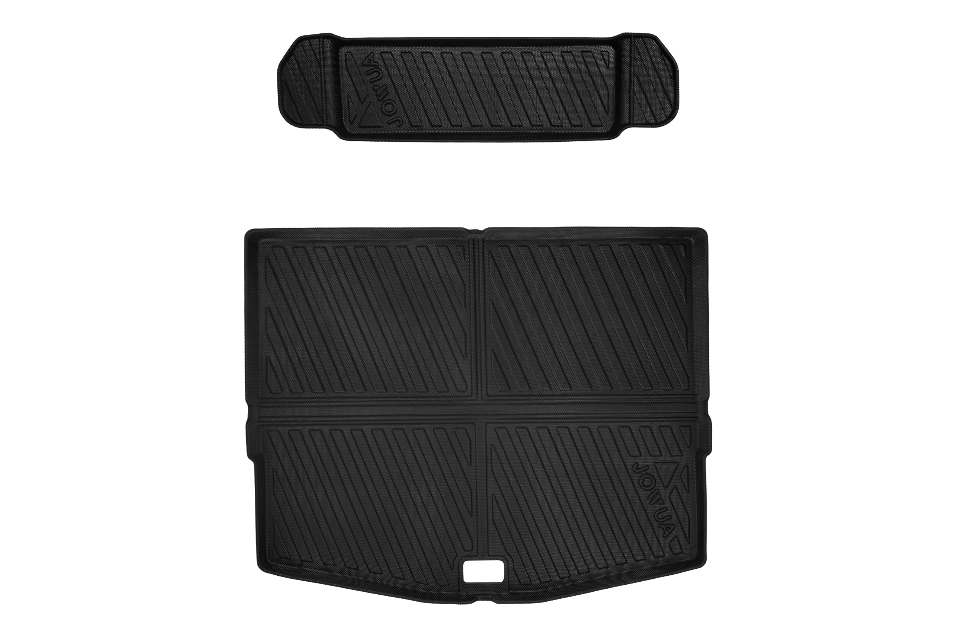 The image displays two black rectangular JOWUA all-weather trunk liners designed for the Ford Mustang Mach-E. They feature a textured, grooved pattern and have branding in the corner. One liner is larger than the other, likely intended for different areas of the vehicle.