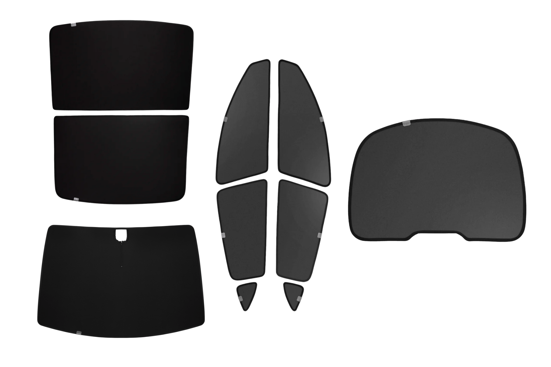 The Model Y Ultimate Sunshade Bundle from JOWUA includes a set of six black car window sunshades made with Dark Matter mesh fabric, shown against a white background. These sunshades are designed to fit various windows, providing UV protection and tailored compatibility specifically for the Tesla Model Y, ensuring cool comfort on every drive.