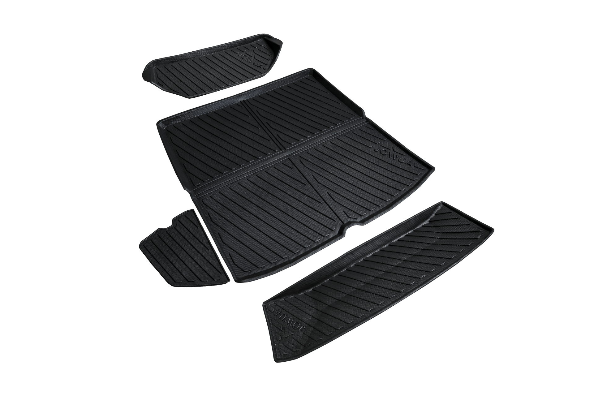 The JOWUA Model S All Weather Trunk Liners are a set of black rubber car floor mats featuring grooved patterns, specifically designed for the Tesla Model S. This set includes two front mats, two rear mats, and one large trunk mat.