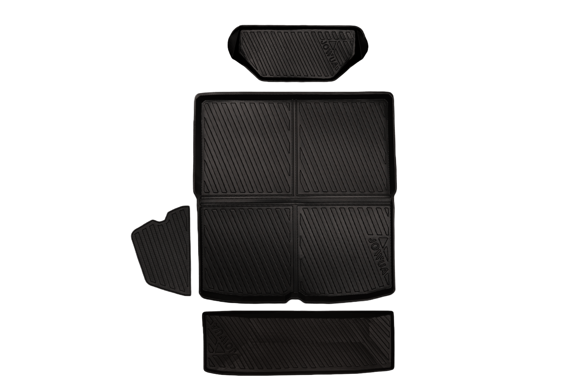 A set of black rubber trunk liners by JOWUA, specifically designed for the Tesla Model S, displayed on a white background. This collection includes various sizes and shapes with a ribbed texture for enhanced grip. These all-weather Model S liners ensure durability and protection for your vehicle's interior.