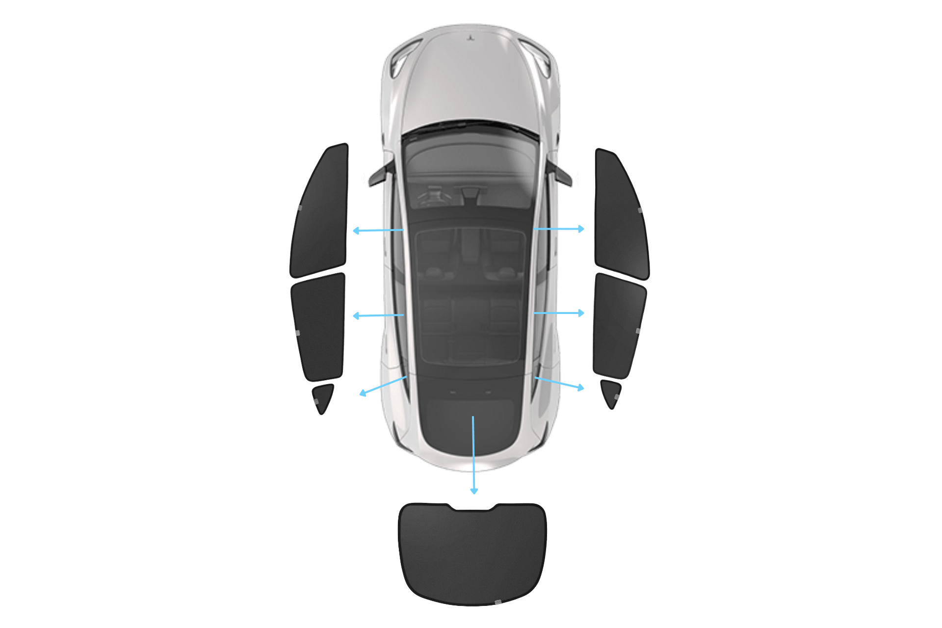 Top view of a white car with arrows indicating the removable JOWUA Side + Rear Liftgate Window Sunshade for Model Y 2021-2024 on the front doors, rear doors, and liftgate—showcasing enhanced privacy and security.