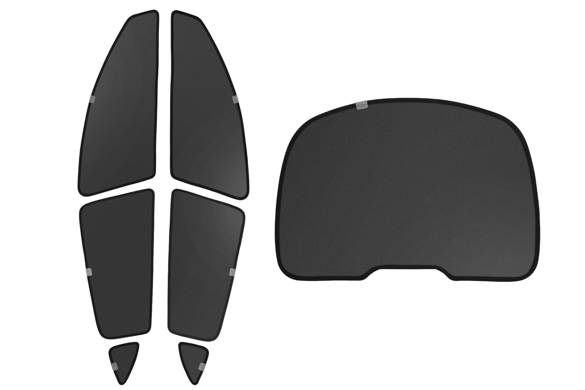 Six JOWUA Side + Rear Liftgate Window Sunshades for Model Y 2021-2024, made from high-density fabric, are arranged on a plain background. Five form a symmetrical pattern, while one large shade is placed separately to the right.