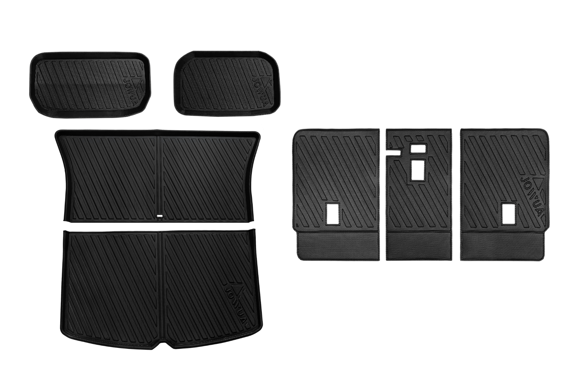 JOWUA Model Y (Juniper 2025+) EasyShield Waterproof Trunk Liner and Rear Seats Back Cover Bundle is shown on a white background, featuring custom-fit black TPE liners for trunk and seat backs.