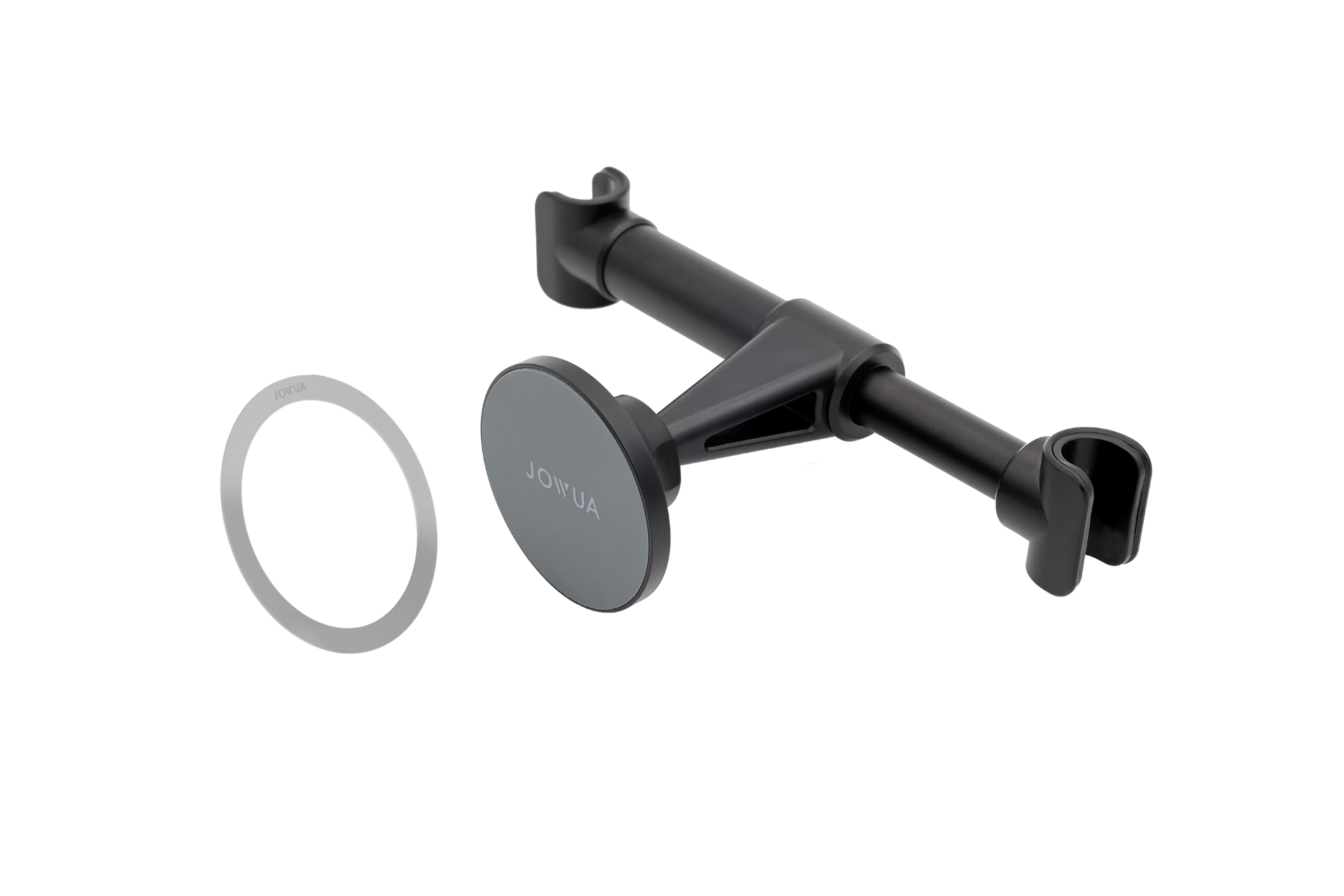 The JOWUA Universal MagSafe Car Seat Holder in black showcases a retractable design with an adjustable arm and a circular MagSafe holder. It includes an additional metal ring for enhanced stability. The anti-slip design ensures secure attachment to a car's headrest, facilitating hands-free use of your device.