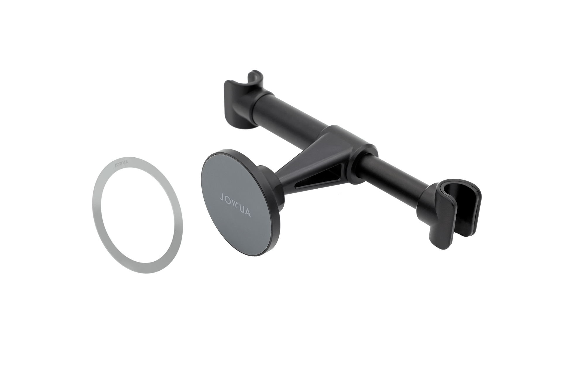 The JOWUA Universal MagSafe Car Seat Holder in black showcases a retractable design with an adjustable arm and a circular MagSafe holder. It includes an additional metal ring for enhanced stability. The anti-slip design ensures secure attachment to a car's headrest, facilitating hands-free use of your device.