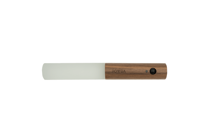 A stylish, portable frother with a white whisk and a wooden handle featuring a small black button. The handle is engraved with the word "JOWUA" and it includes a smart sensor mode for enhanced performance.