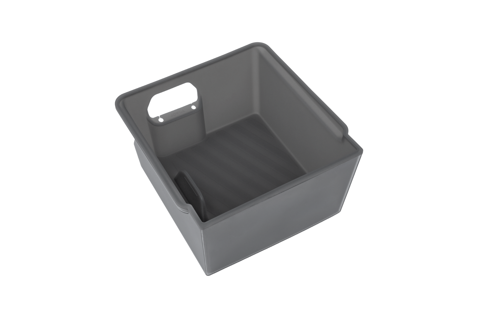 The JOWUA Armrest Organizer Set for Tesla Model Y Juniper 2025+ and Model 3 Highland 2024+ is a gray rectangular plastic bin with built-in handles, perfect for cable organization and clutter-free storage. Shown on a plain background.
