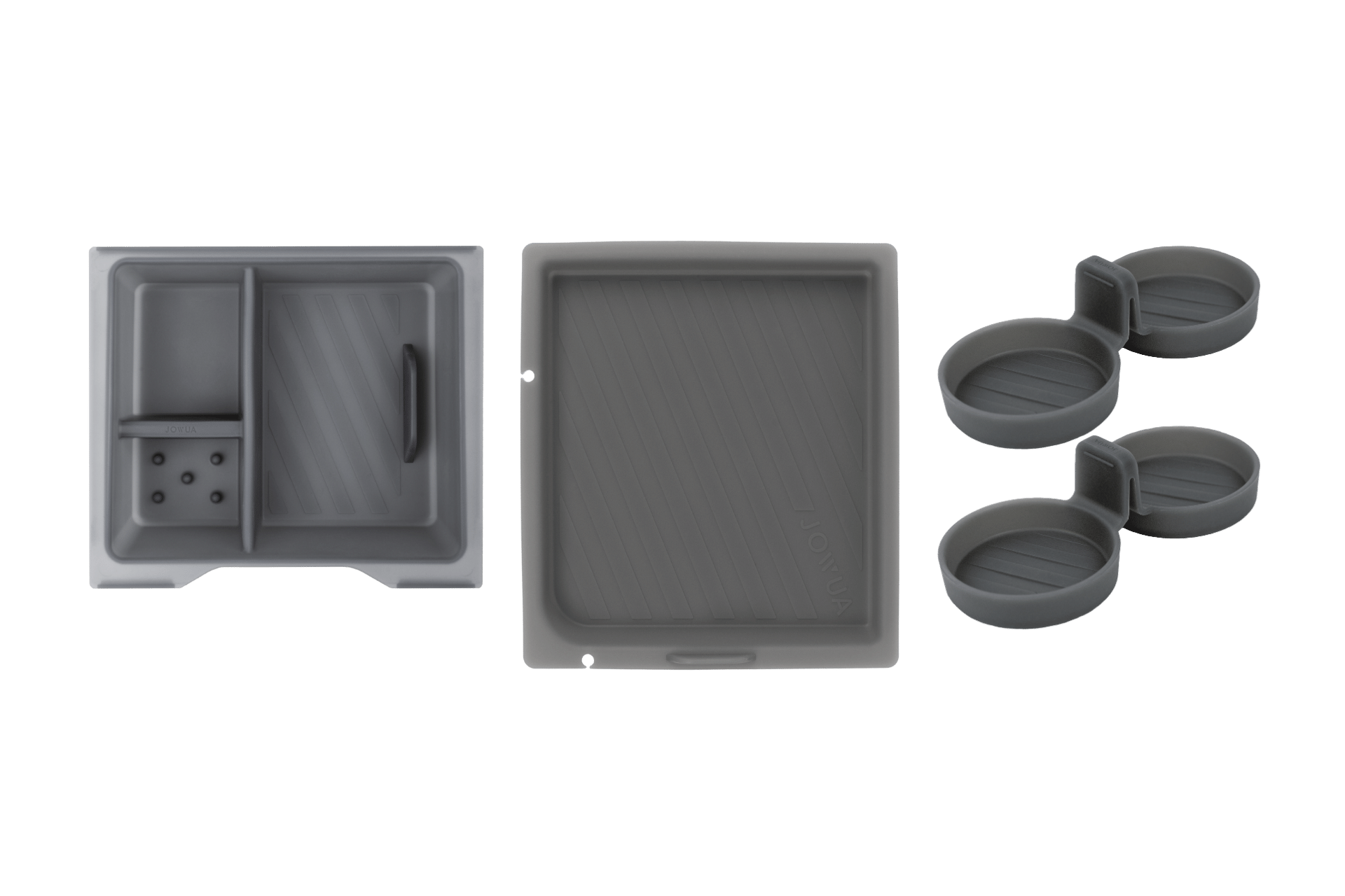 Experience the Center Console Set by JOWUA, designed for the Tesla Model 3 Highland 2024+. This set includes a versatile silicone organizer tray, a rectangular mat, and three circular cup coasters, all presented on a green background. Ideal for maintaining an organized and stylish vehicle interior.