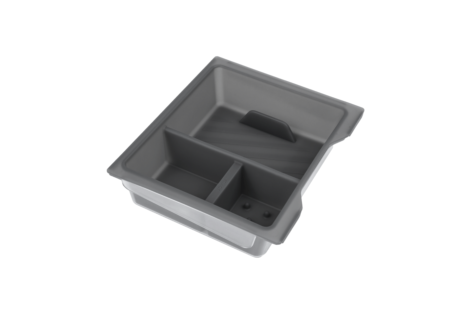A stylish, gray plastic accessory designed as a Center Console Set for the Tesla Model 3 Highland 2024+, this piece by JOWUA showcases two compartments with elegantly curved edges, depicted from an aerial perspective on a transparent background.